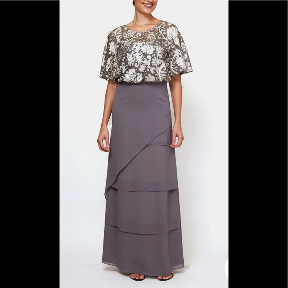 Maya Brook Long Sequin Bodice Blouson Gown Sz 16